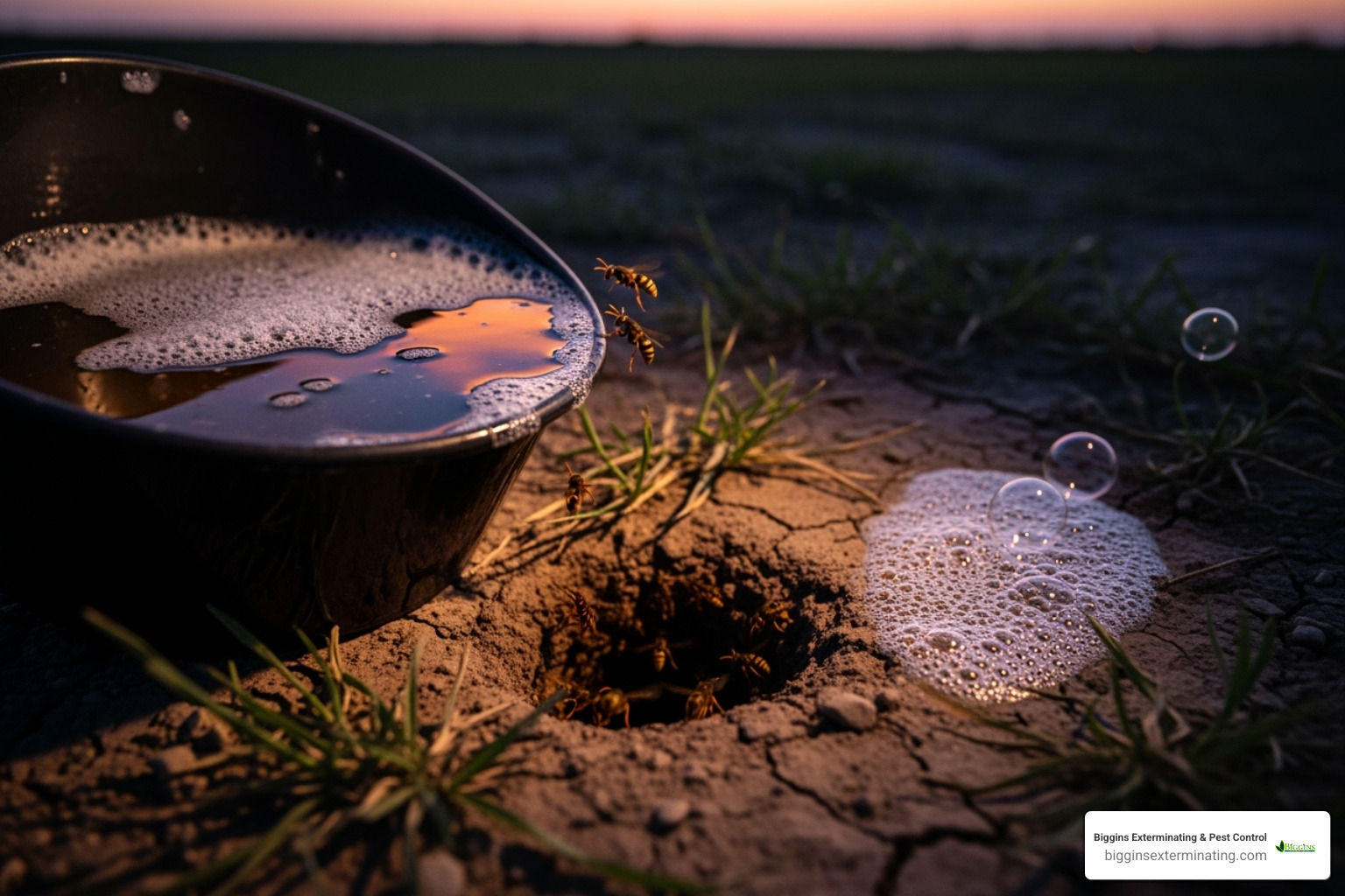 bucket of soapy water next to a nest entrance - exterminate yellow jackets underground