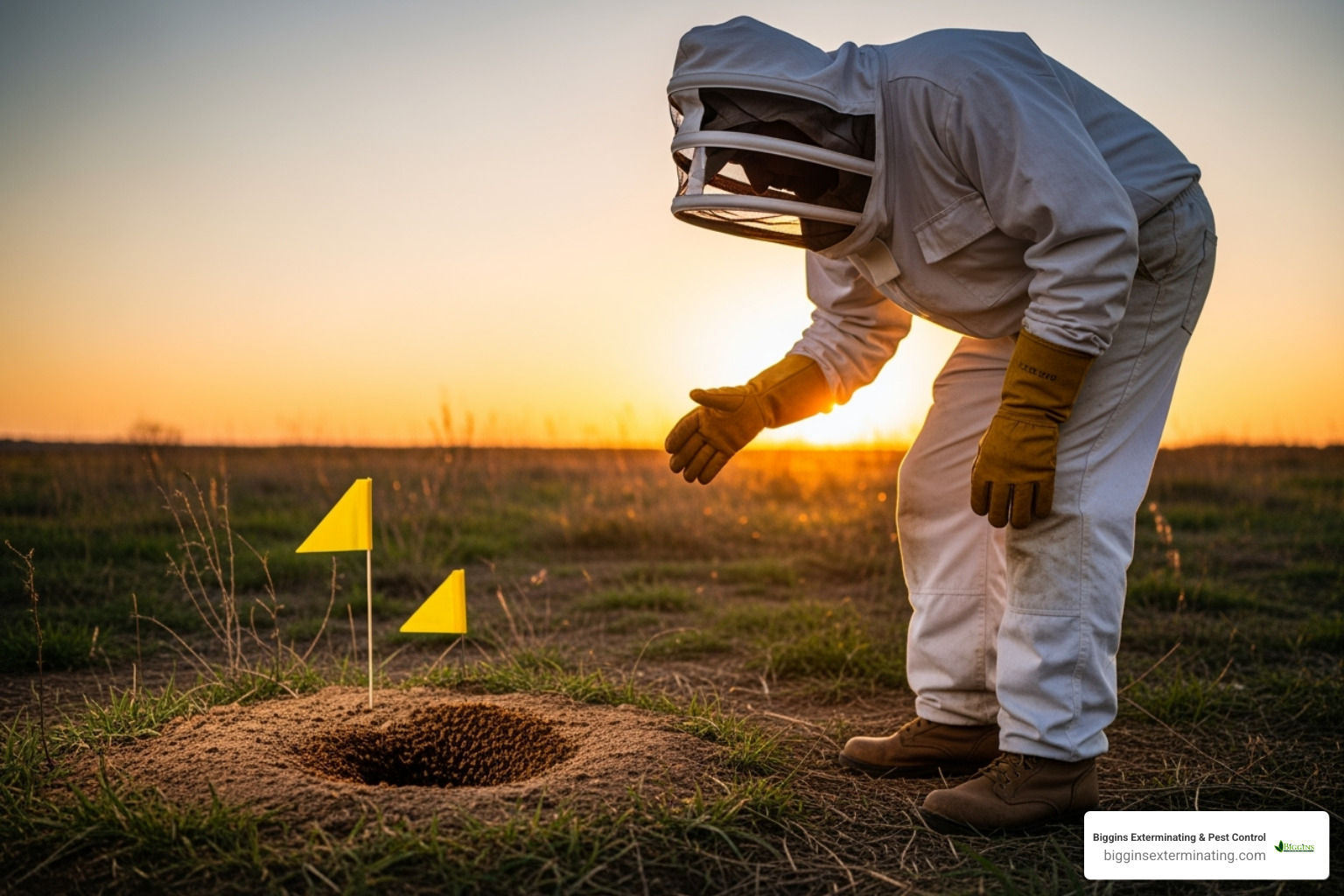 person in full protective gear cautiously approaching a marked nest at dusk - exterminate yellow jackets underground