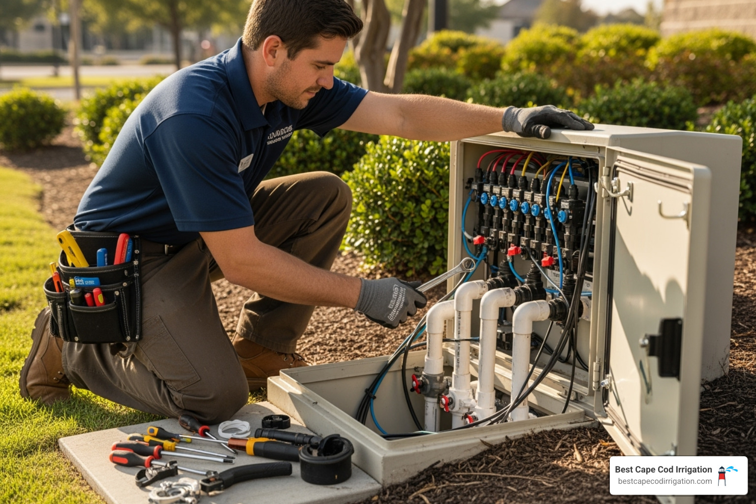 A professional irrigation technician working on a valve box, indicating complex repair - Sprinkler system leak detection