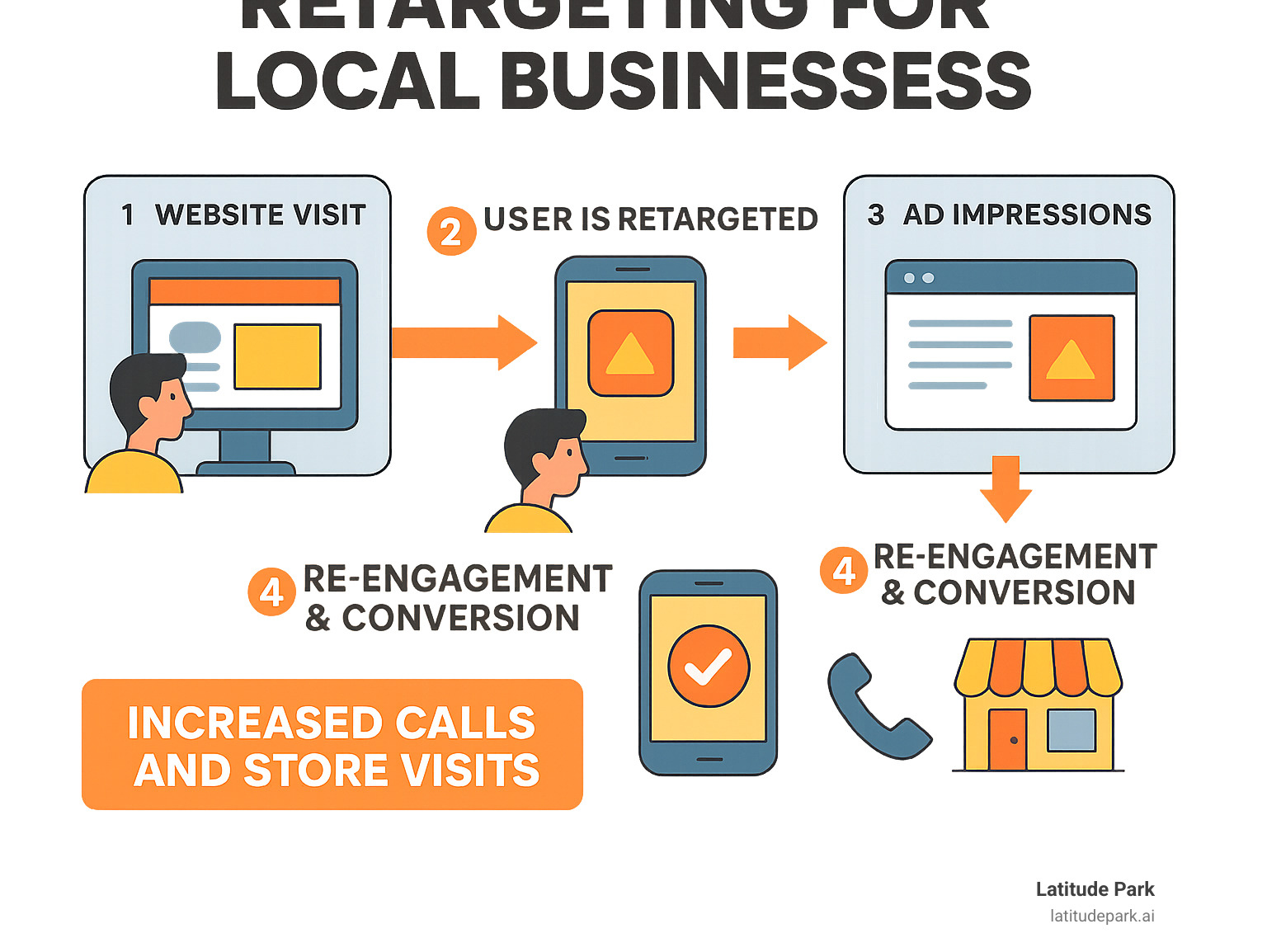 Detailed infographic illustrating the Google Ads retargeting process for local businesses, showing steps from initial website visit to subsequent ad impressions, leading to re-engagement and conversion, highlighting key benefits like increased calls and store visits - best google ads retargeting techniques for my local business clients infographic 