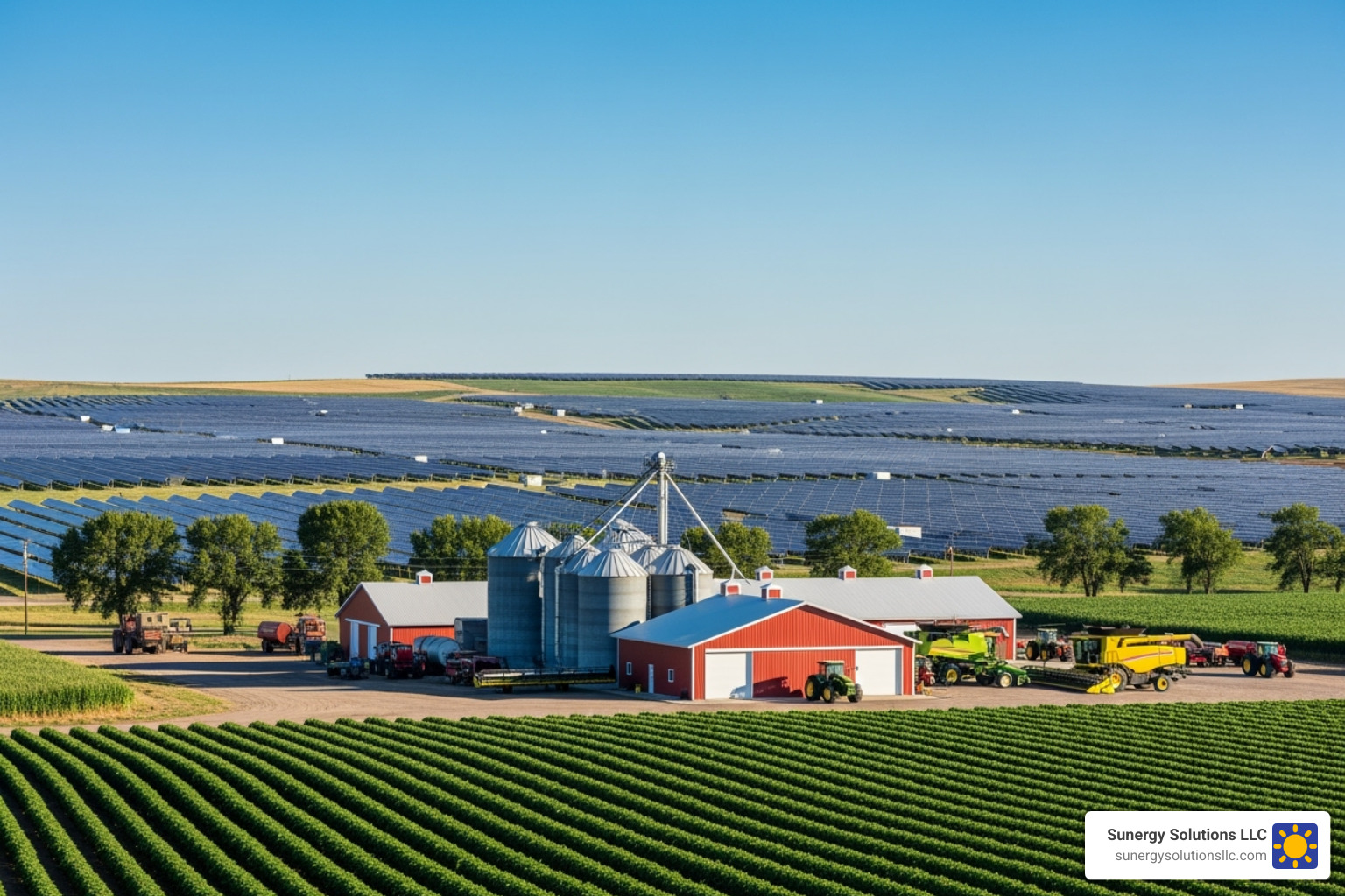 agricultural facility in the US with ground-mounted solar panels in the background - commercial solar energy consultant
