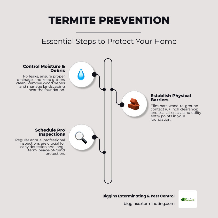 Comprehensive termite prevention strategy infographic showing moisture control methods, proper wood storage techniques, landscaping management, foundation maintenance, and professional inspection schedules with seasonal timing recommendations - how to prevent termites infographic infographic-line-3-steps-neat_beige