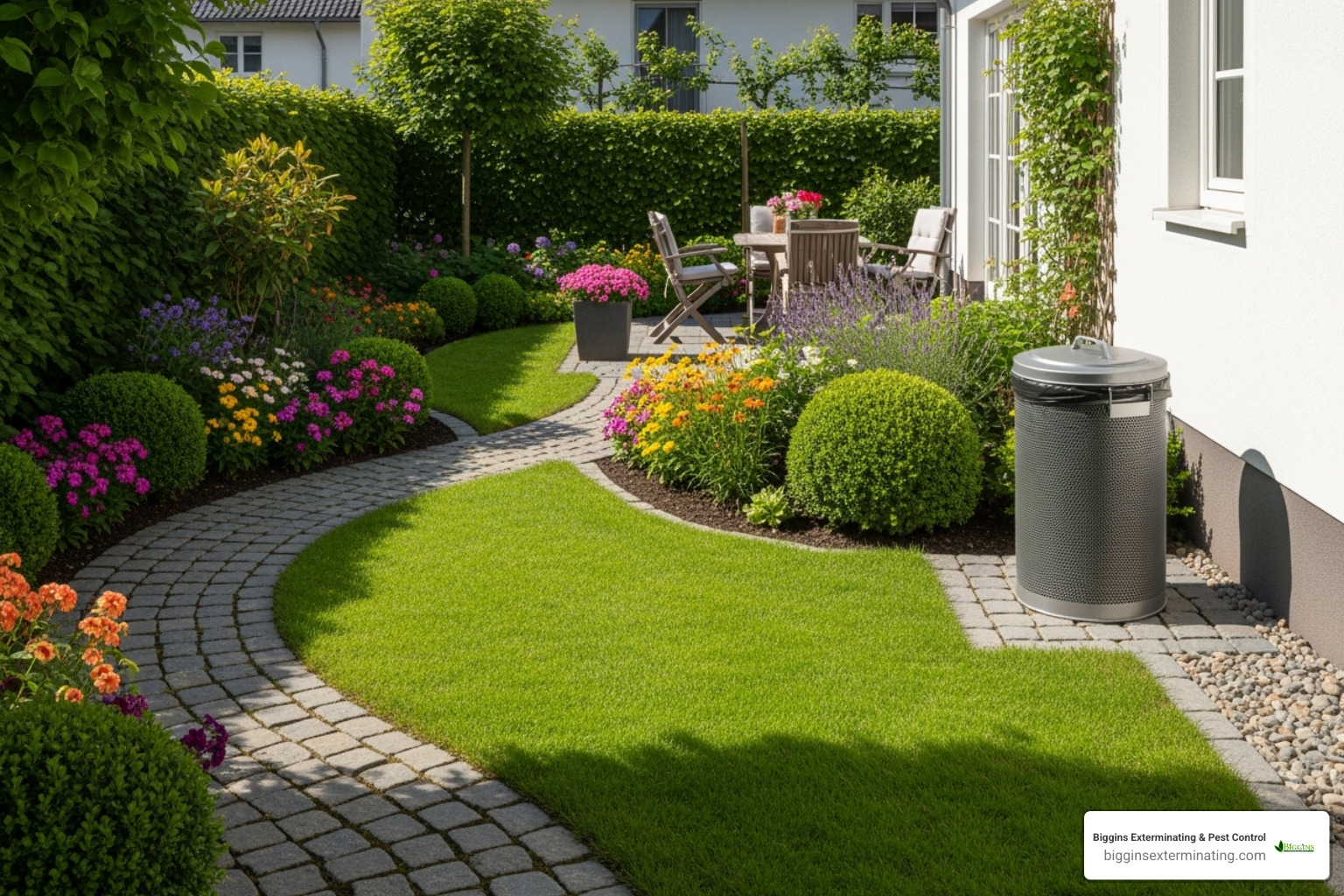 well-maintained yard with sealed trash cans - exterminate yellow jackets underground