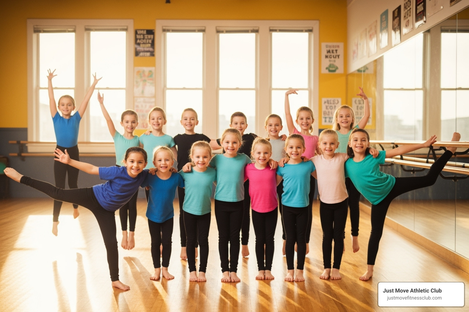 A group of young dancers smiling in class, embodying joy and community. - ballet classes lakeland fl