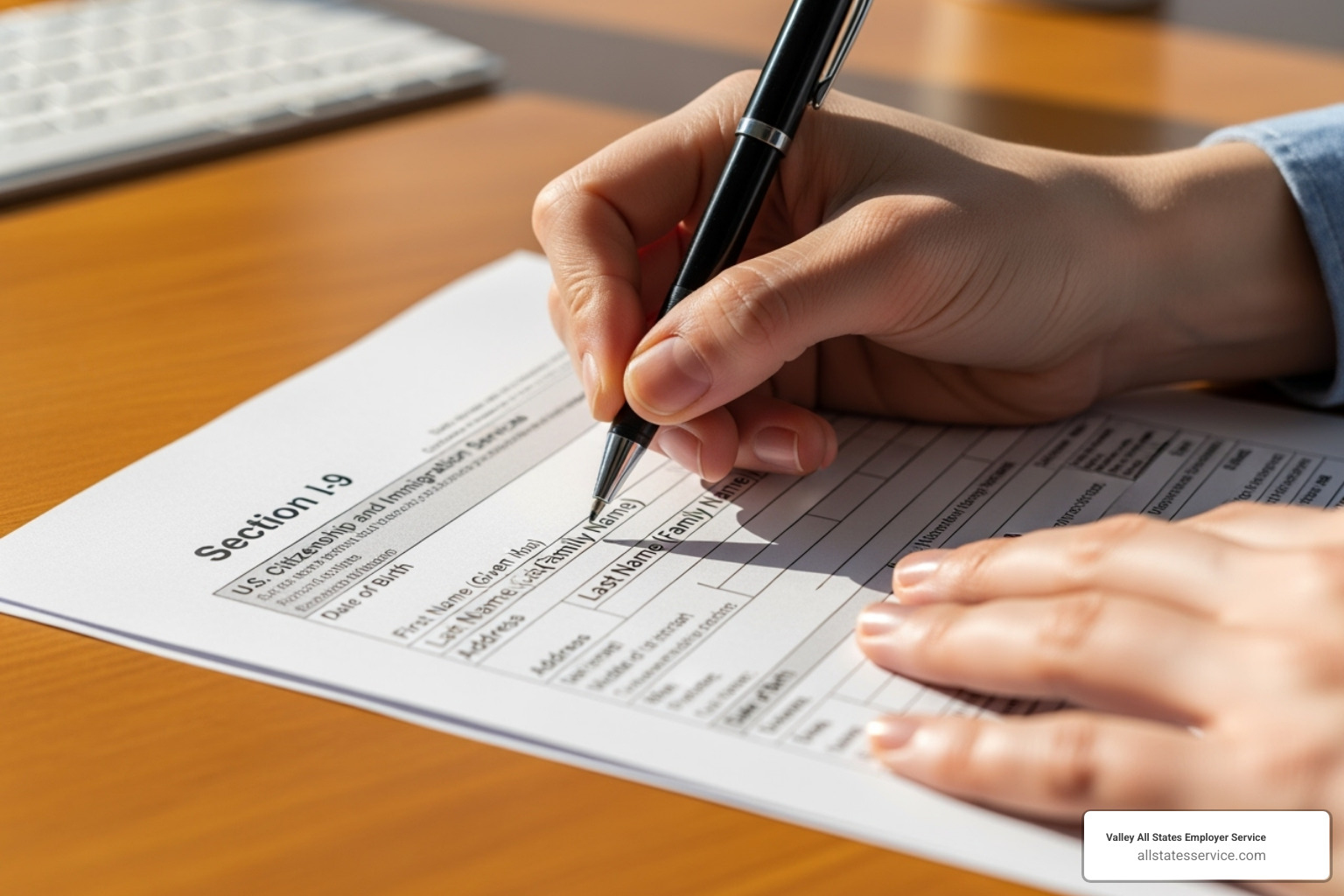 person's hands filling out Section 1 of the Form I-9 - workforce eligibility verification