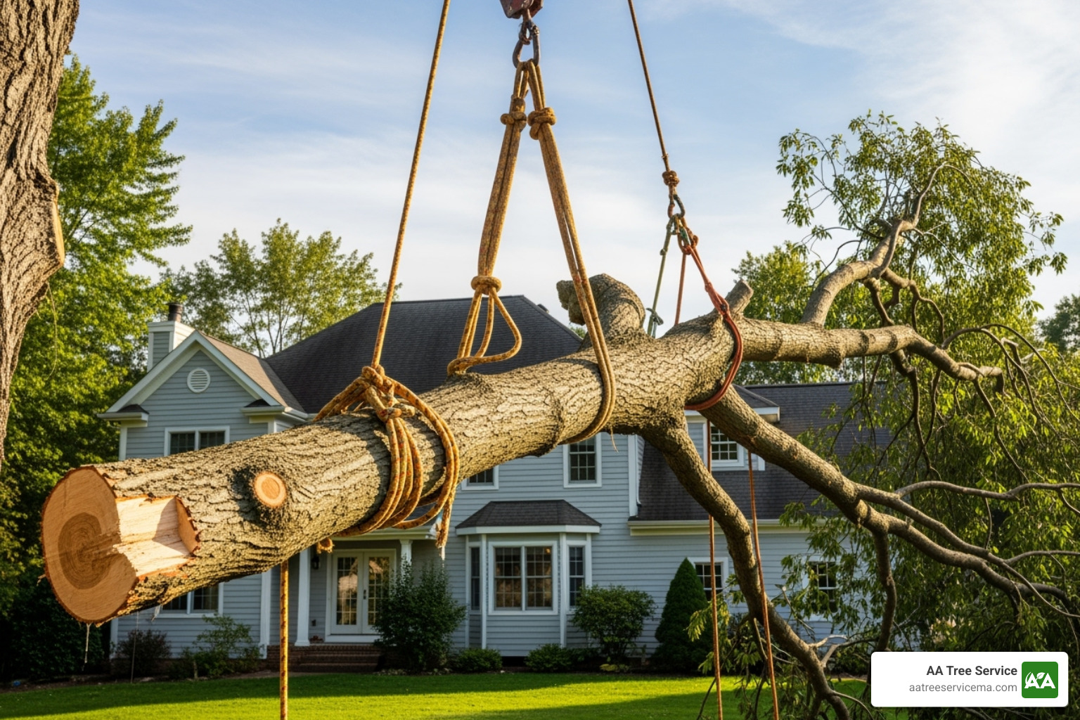 tree service crew carefully lowering a large branch near a house - Tree service insurance claims tree service crew carefully lowering a large branch near a house - Tree service insurance claims
