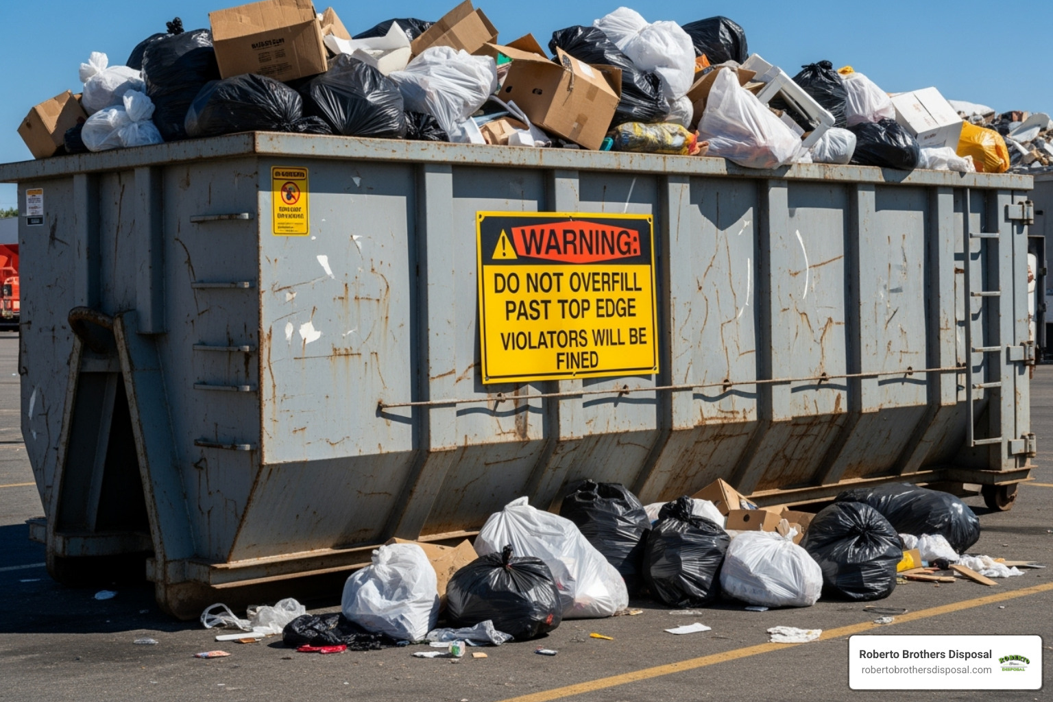 overfilled dumpster with a "Do Not Overfill" warning sign - commercial dumpster rental prices