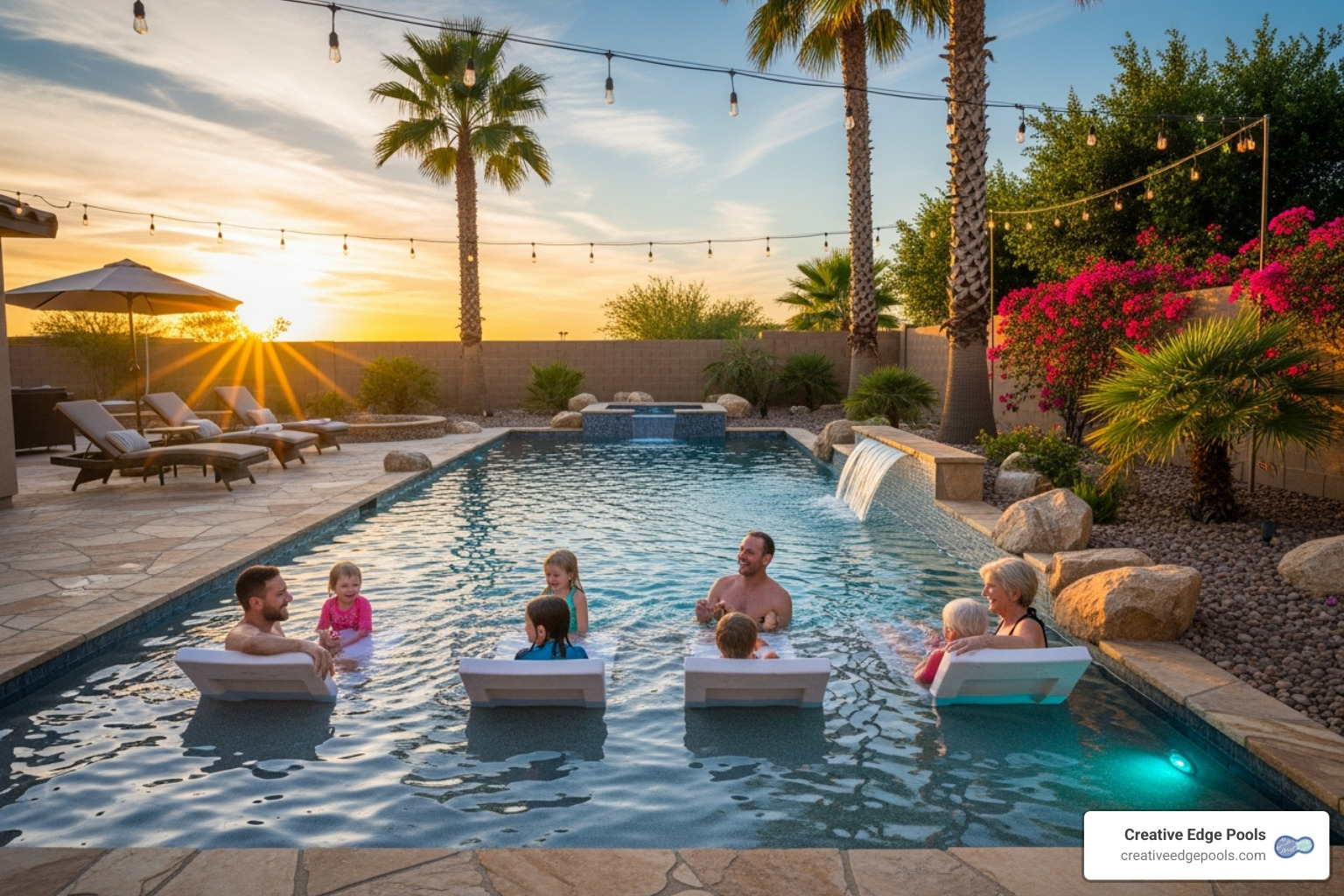 happy family enjoying their newly remodeled pool at sunset - gunite pool remodeling beverly ma