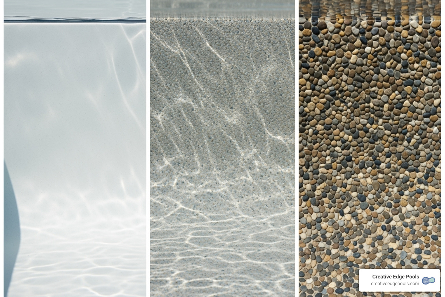 collage showing different pool finishes like pebble, quartz, and classic plaster - gunite pool remodeling beverly ma