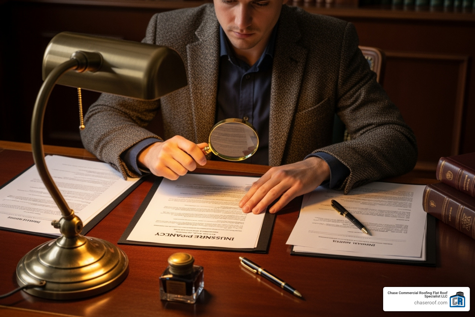 person reviewing an insurance policy document with a magnifying glass - flat roof insurance claim