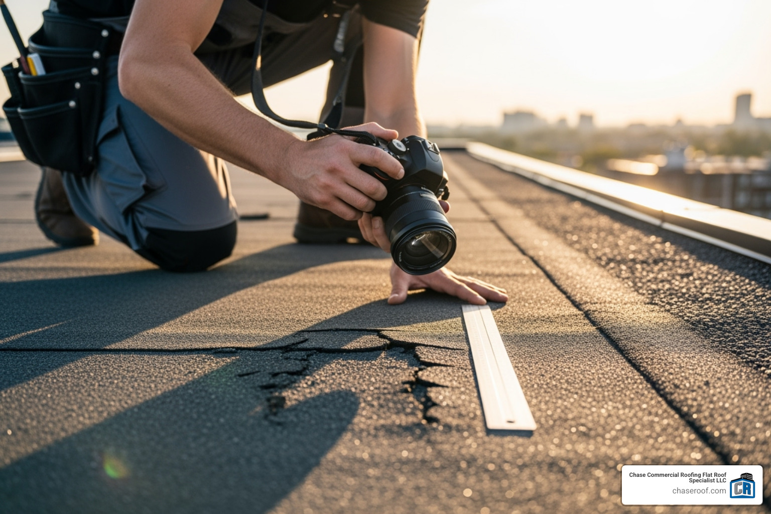roofing contractor taking detailed photos of a damaged flat roof membrane with a ruler for scale - flat roof insurance claim