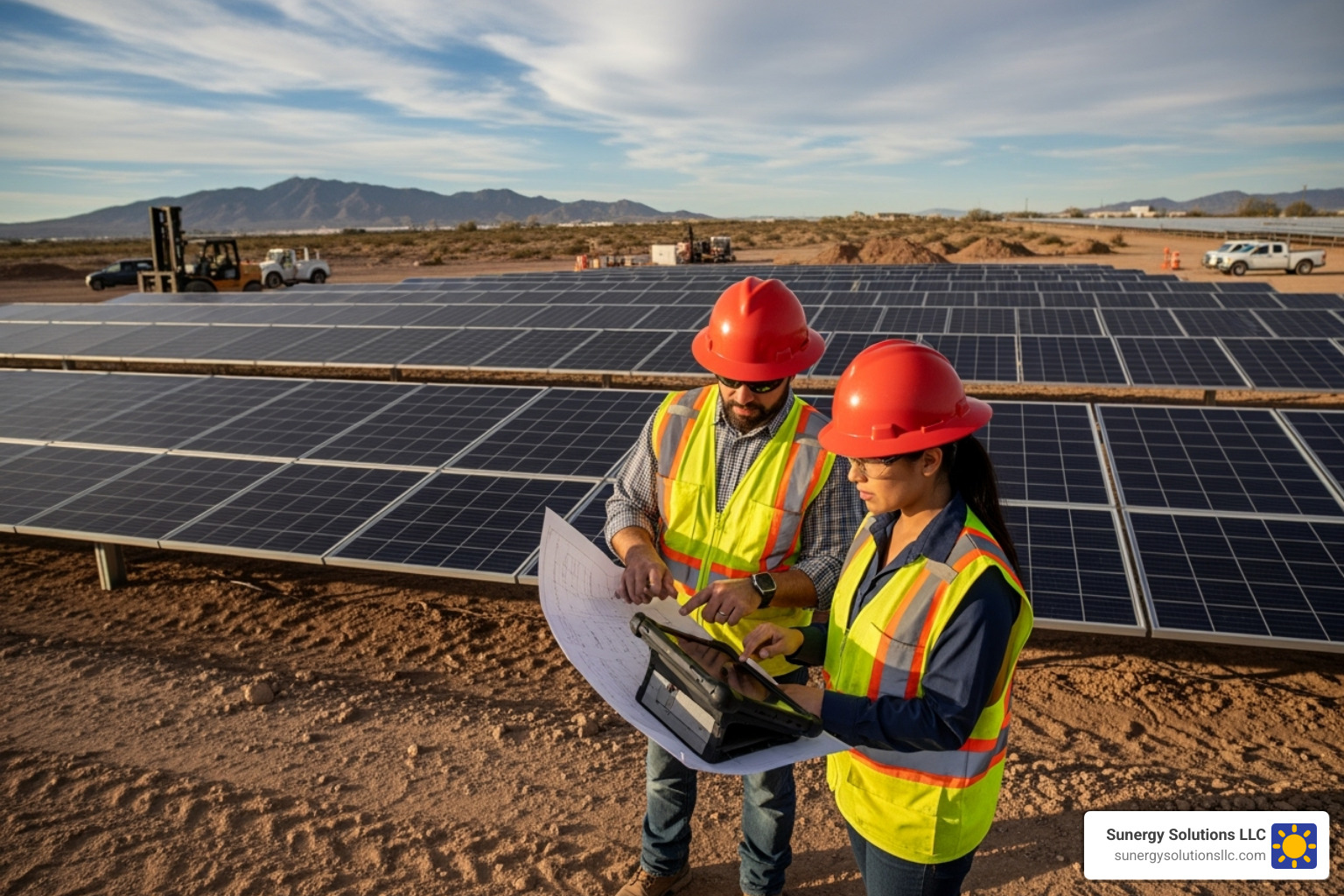 two engineers in hard hats reviewing blueprints on a tablet at a commercial solar installation site in the US - commercial solar energy consultant