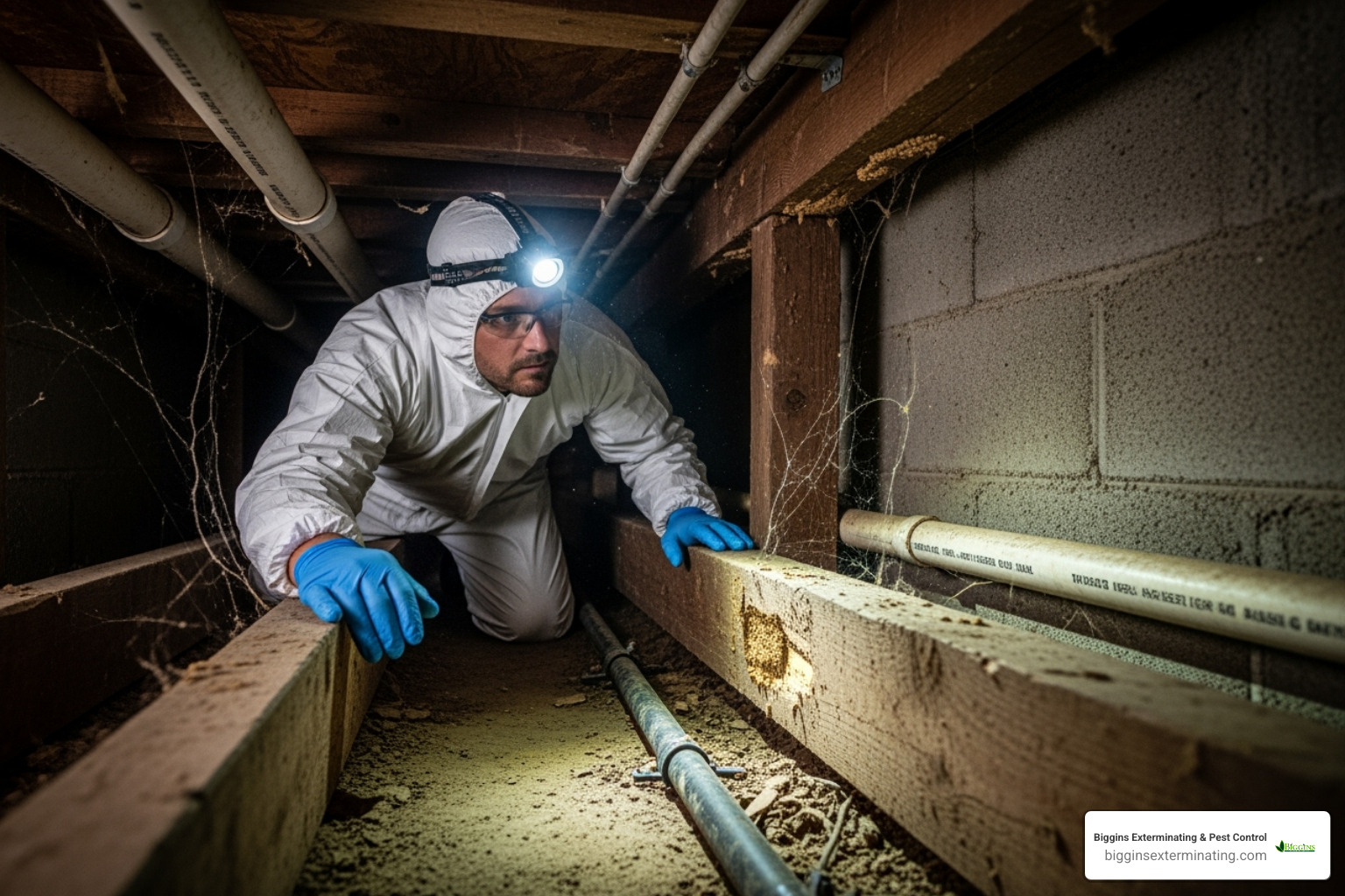 Pest control professional inspecting a crawl space - how to prevent termites