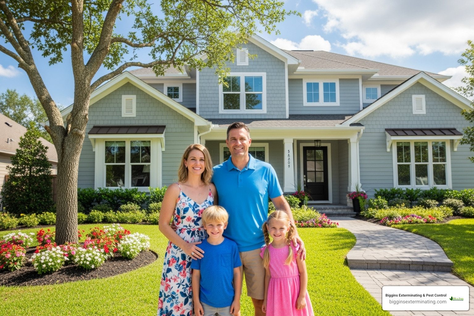 Happy family in front of well-maintained home - how to prevent termites