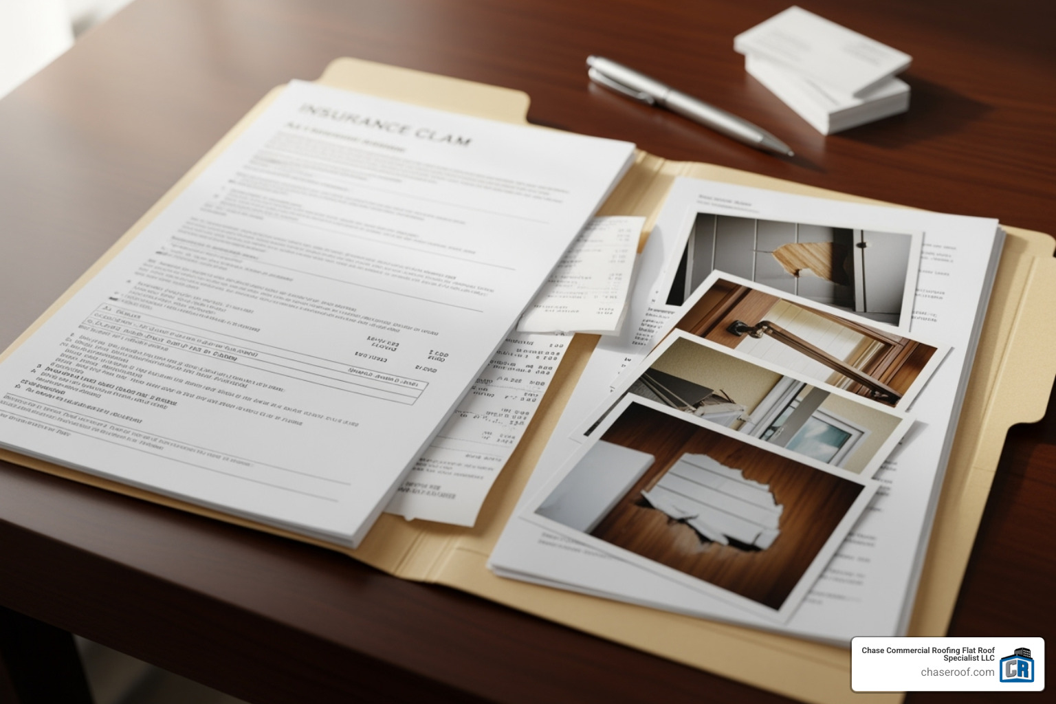 folder neatly organized with claim documents, photos, and contractor estimates - flat roof insurance claim