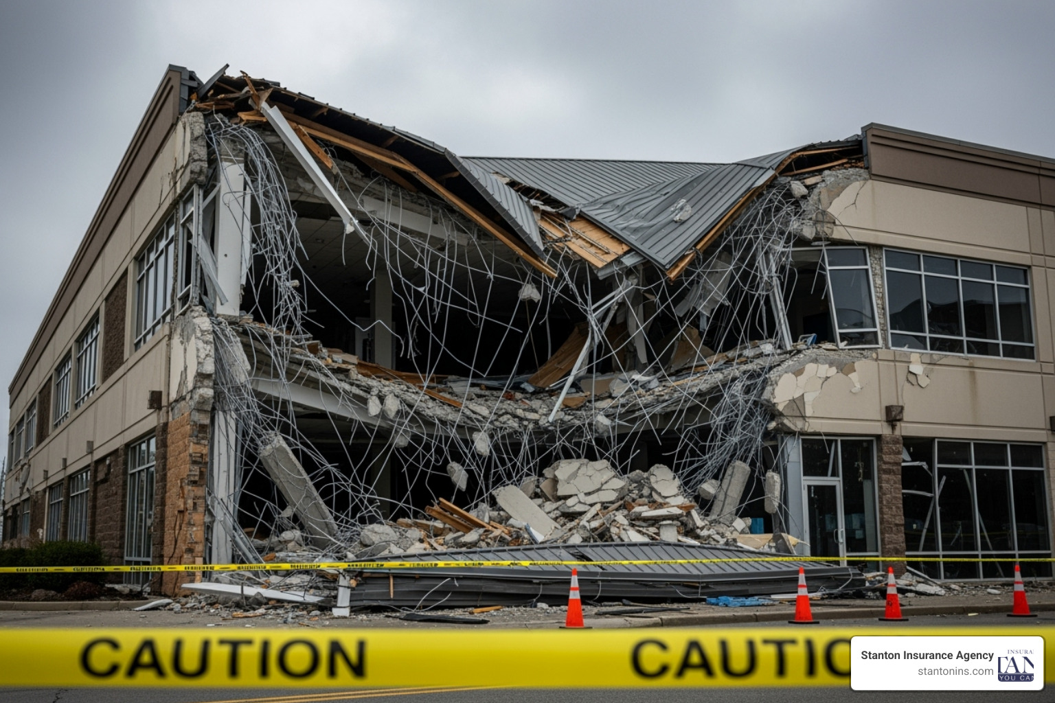 Closed-for-business sign on a damaged storefront with a graphic overlay showing icons for "Lost Income" and "Ongoing Expenses" - is collapse covered by commercial property insurance