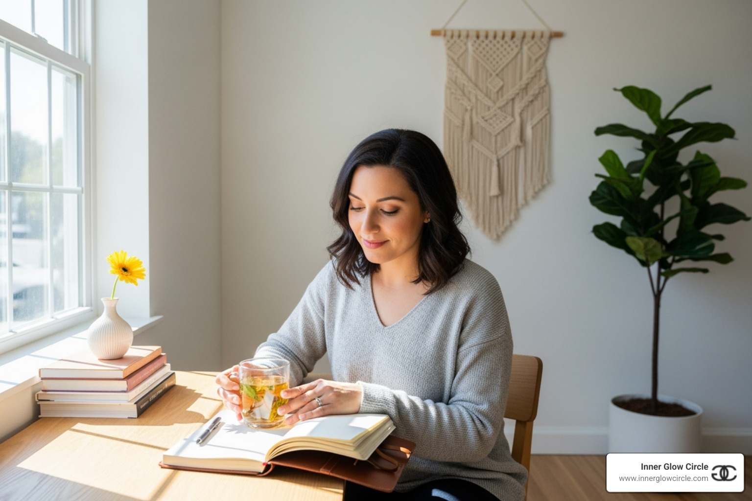 woman journaling and reflecting in a bright, inspiring space - career brand development and self-coaching