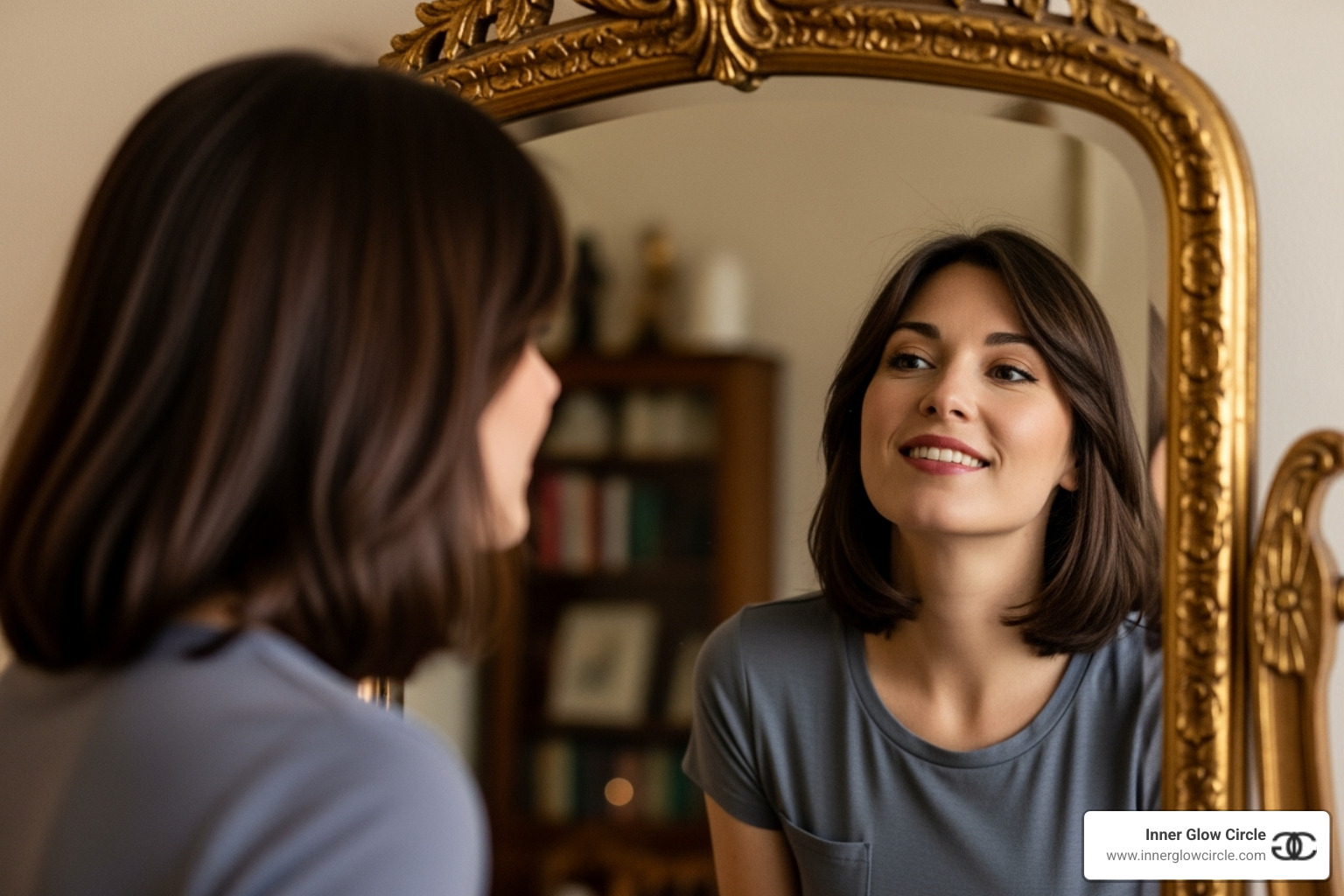 woman looking confidently into a mirror that reflects a more empowered version of herself - career brand development and self-coaching