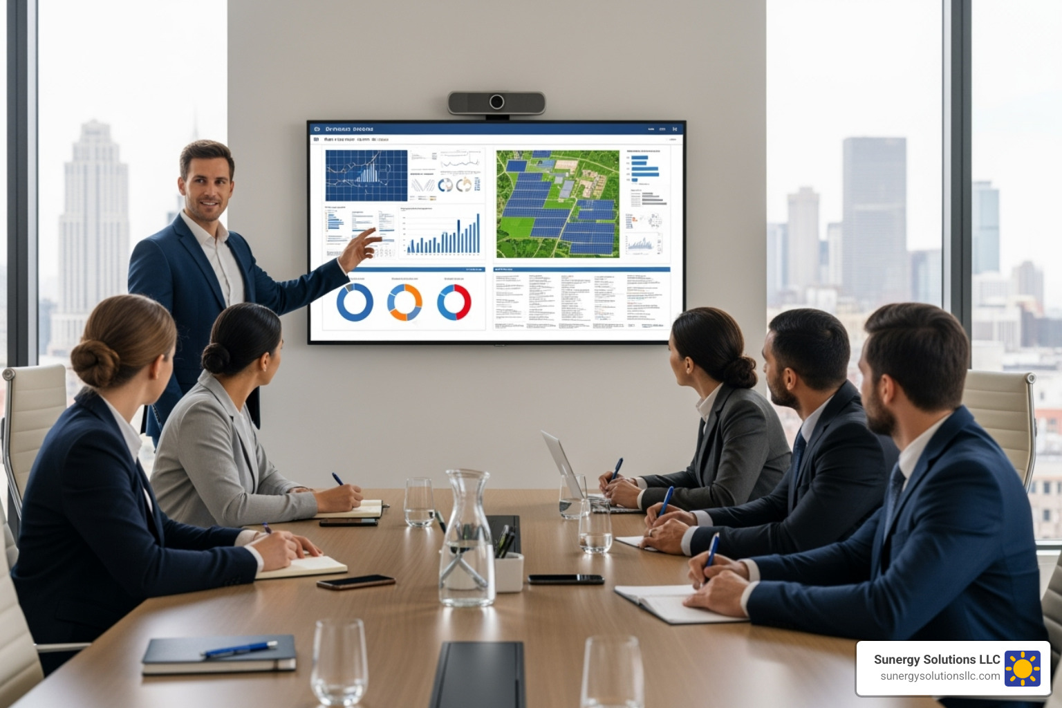 consultant presenting a solar project plan to a group of business executives in a modern US office setting - commercial solar energy consultant