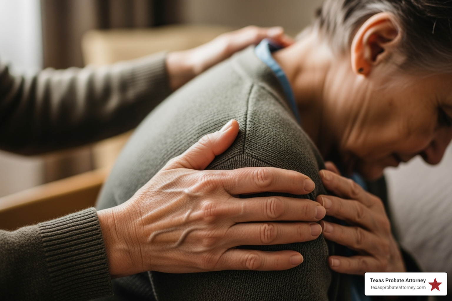 caring hand on elderly person's shoulder symbolizing protection - How to avoid fraud