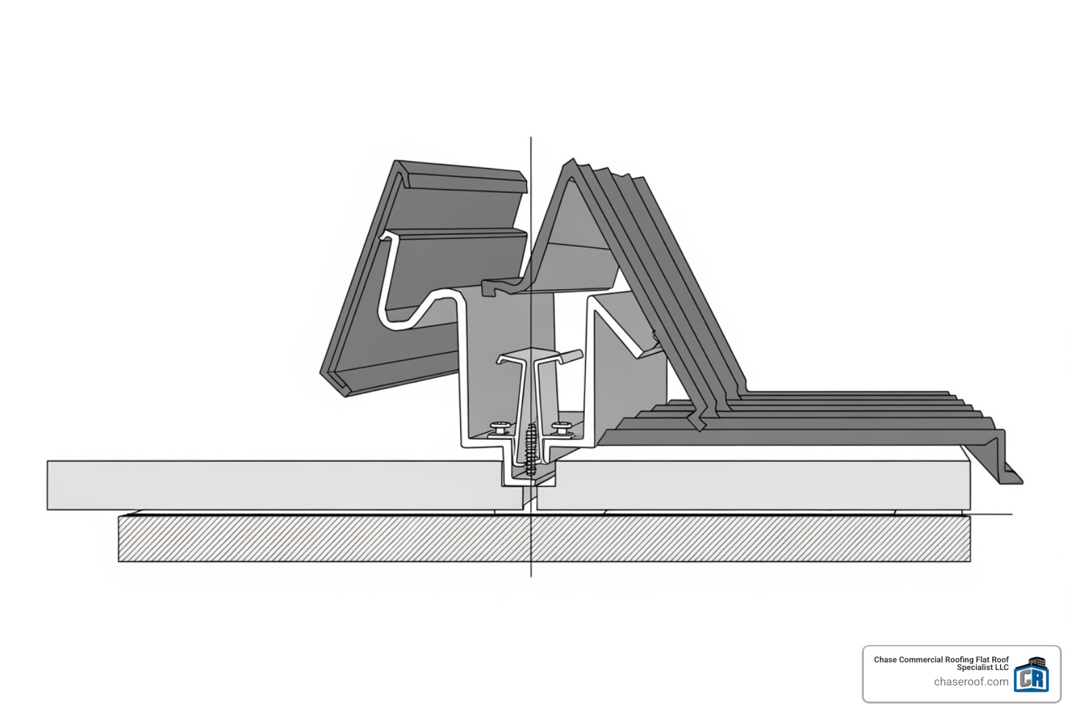 cross-section diagram showing the male and female legs of a snap-lock panel clicking together over a clip - standing seam snap lock