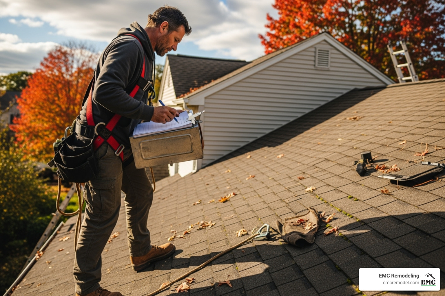roofer performing an inspection with a clipboard - residential roofing services near me