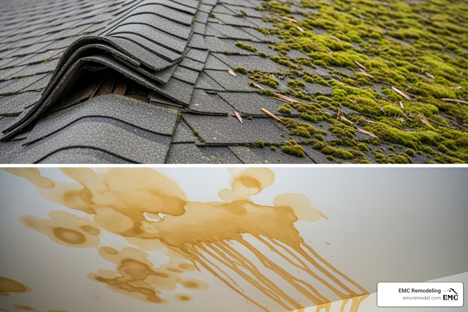 common roof problems like curled shingles, water stains on a ceiling, and moss growth - residential roofing services near me