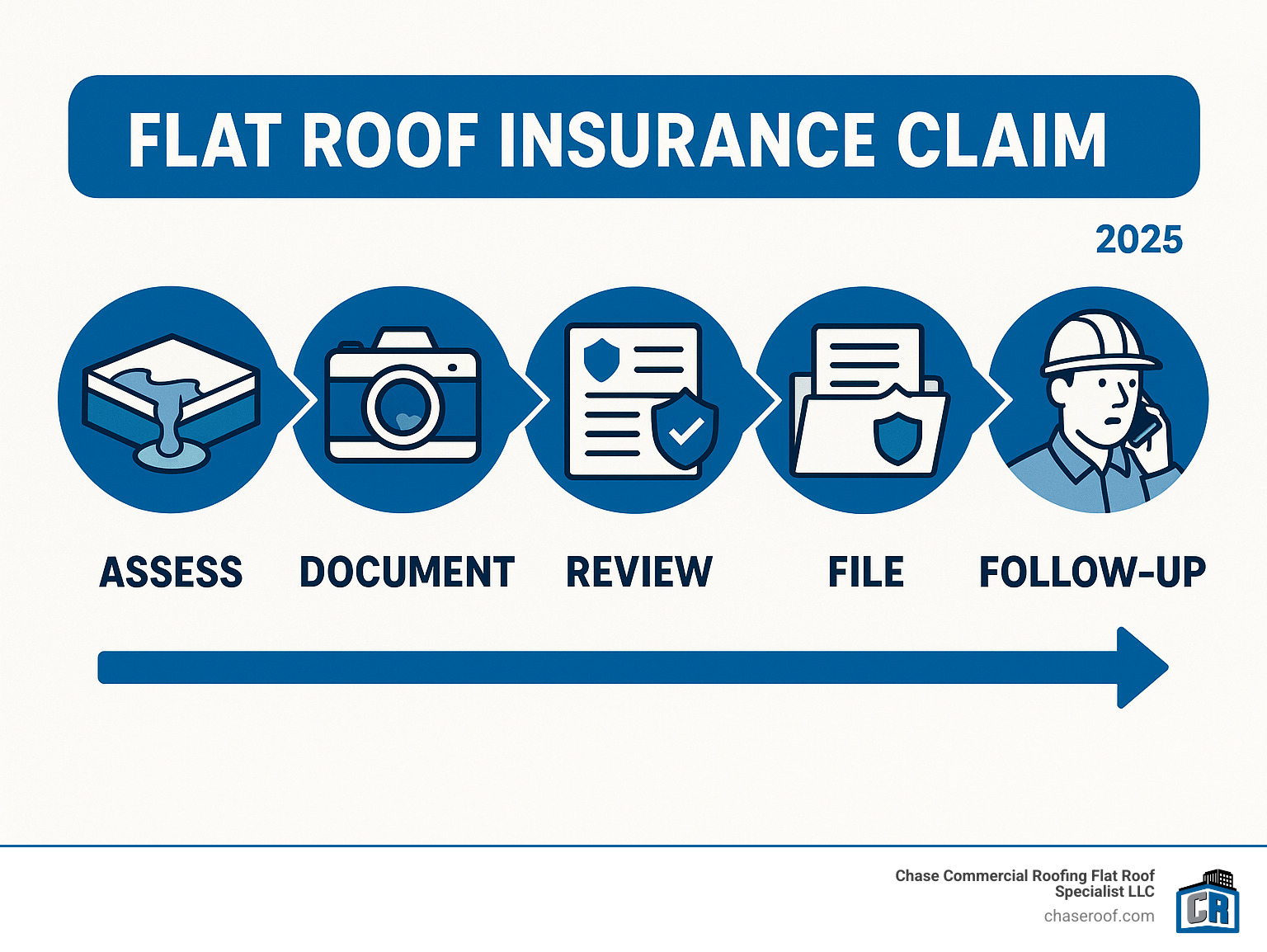 infographic explaining the 5 key stages of a successful flat roof insurance claim: Assess, Document, Review, File, and Follow-Up - flat roof insurance claim infographic 