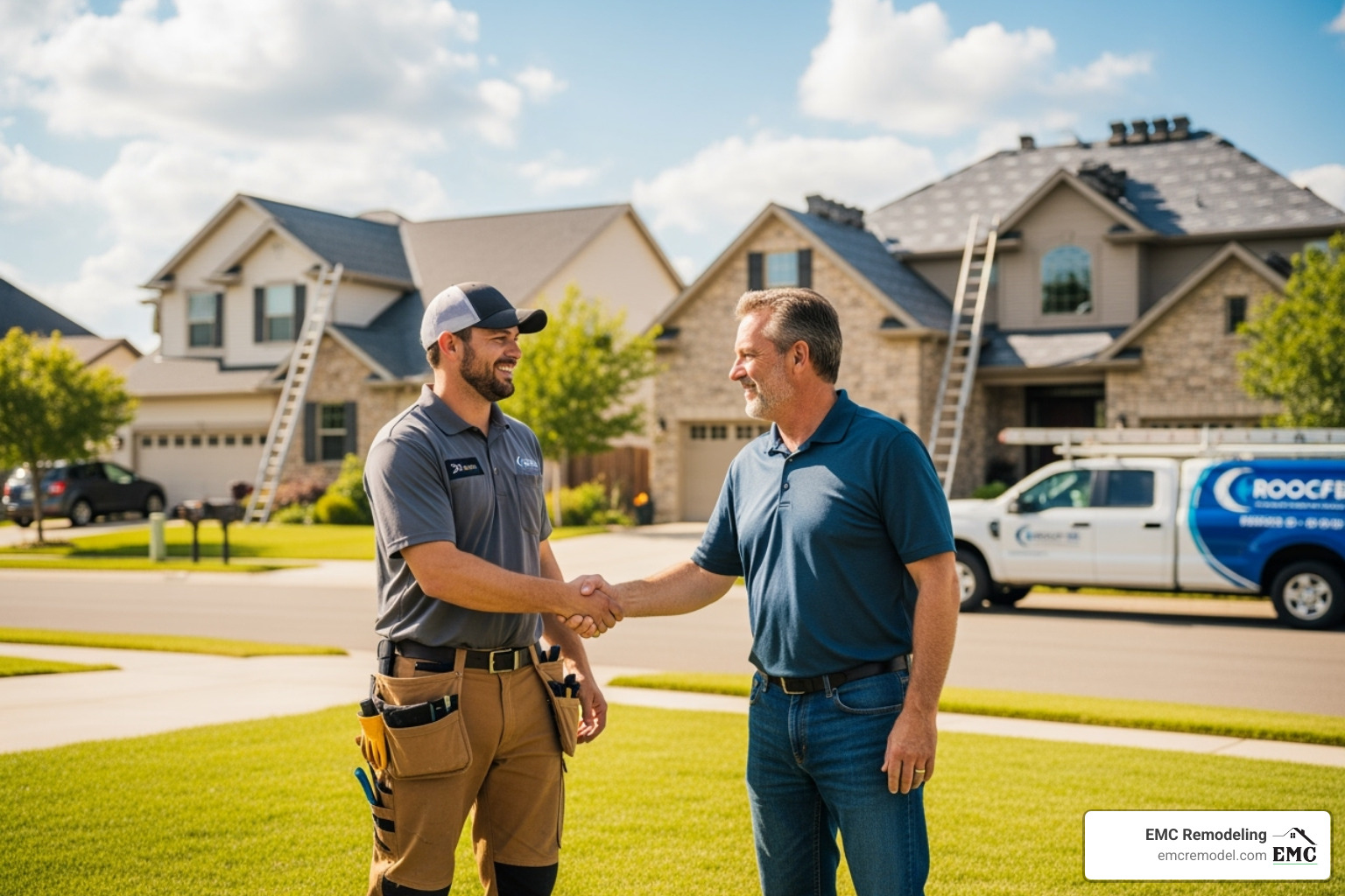 homeowner shaking hands with a friendly, professional-looking roofer - residential roofing services near me