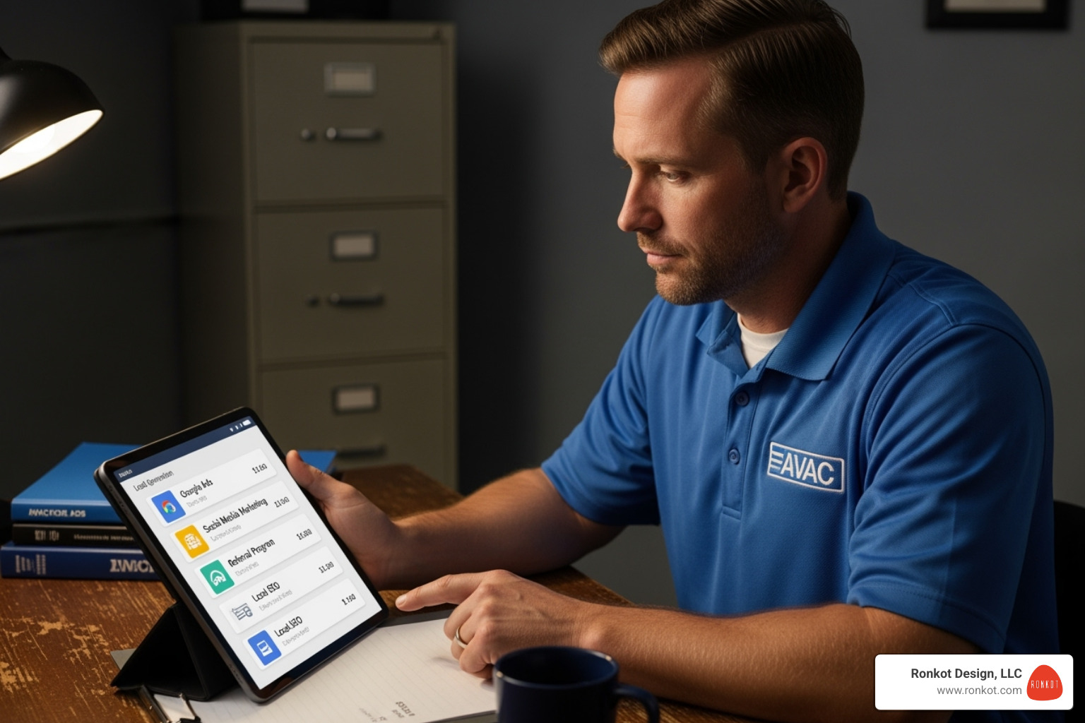 technician considering different lead source options on a tablet - get hvac leads technician considering different lead source options on a tablet - get hvac leads