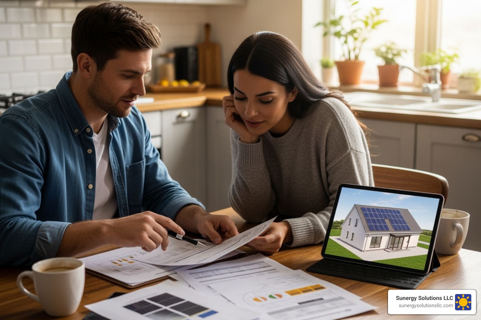 couple reviewing a solar installation proposal at their kitchen table - Rhode Island energy solar program couple reviewing a solar installation proposal at their kitchen table - Rhode Island energy solar program