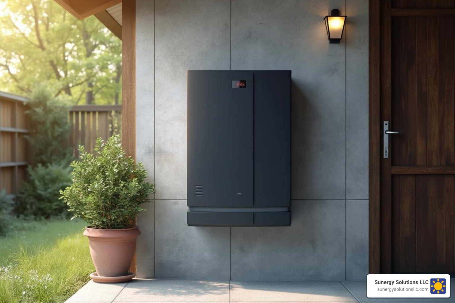 sleek home battery storage unit mounted on a garage wall next to a solar inverter - Rhode Island energy solar program sleek home battery storage unit mounted on a garage wall next to a solar inverter - Rhode Island energy solar program