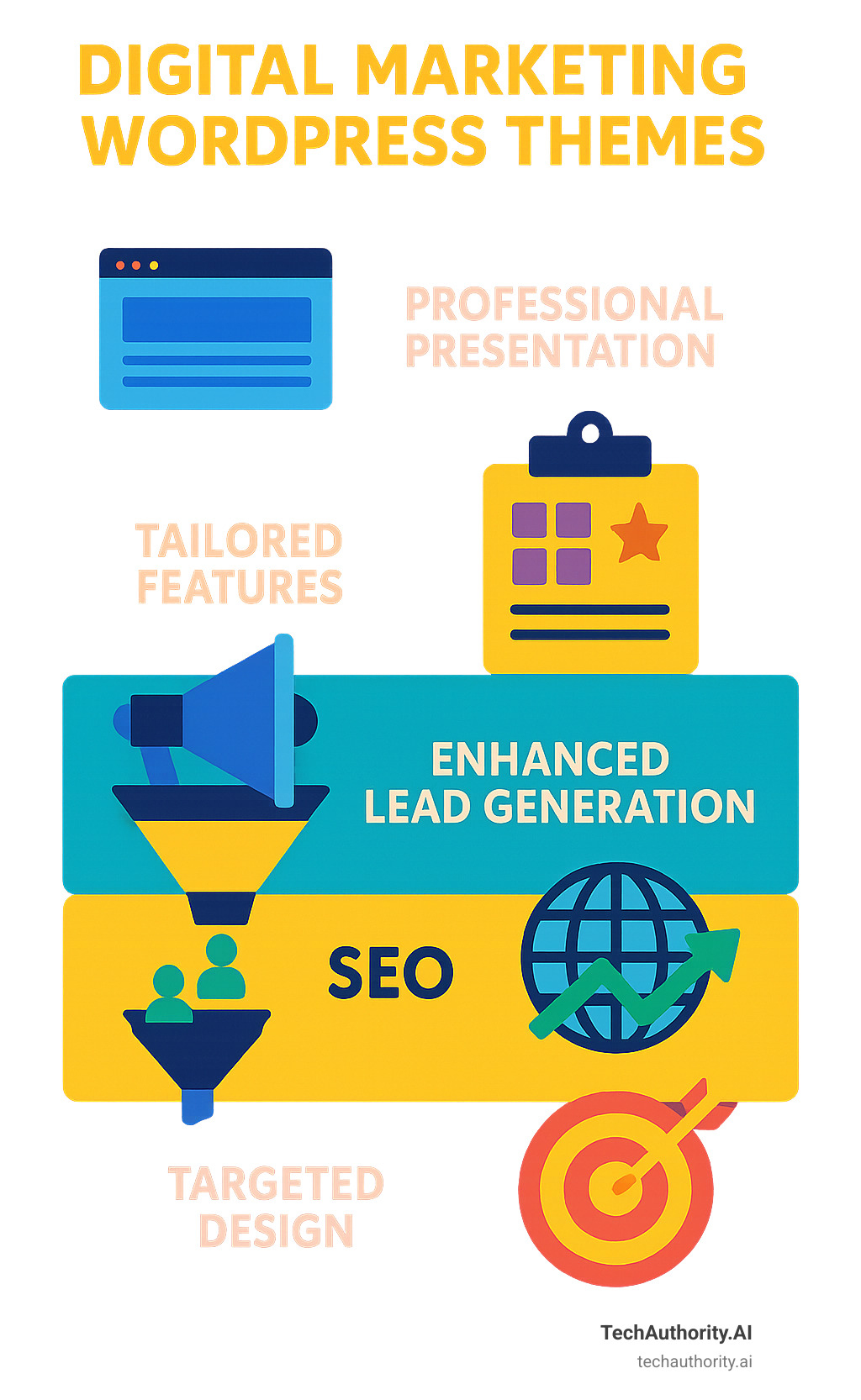 Infographic outlining the core benefits of using a specialized WordPress theme for a digital marketing business, including professional presentation, custom features for agencies, improved lead generation capabilities, built-in SEO optimization, and targeted design for niche or full-service marketing agencies - digital marketing wordpress themes infographic 