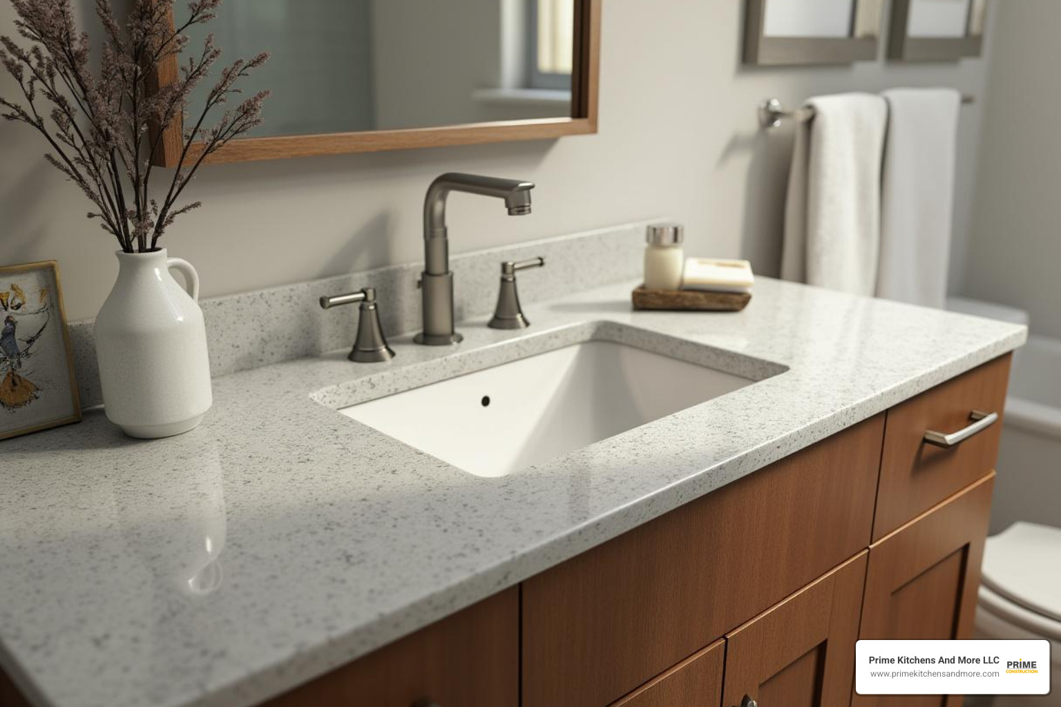 A clean, modern bathroom featuring a light-colored granite vanity top with a sleek undermount sink, complementing the warm wood cabinets - bathroom vanity granite top