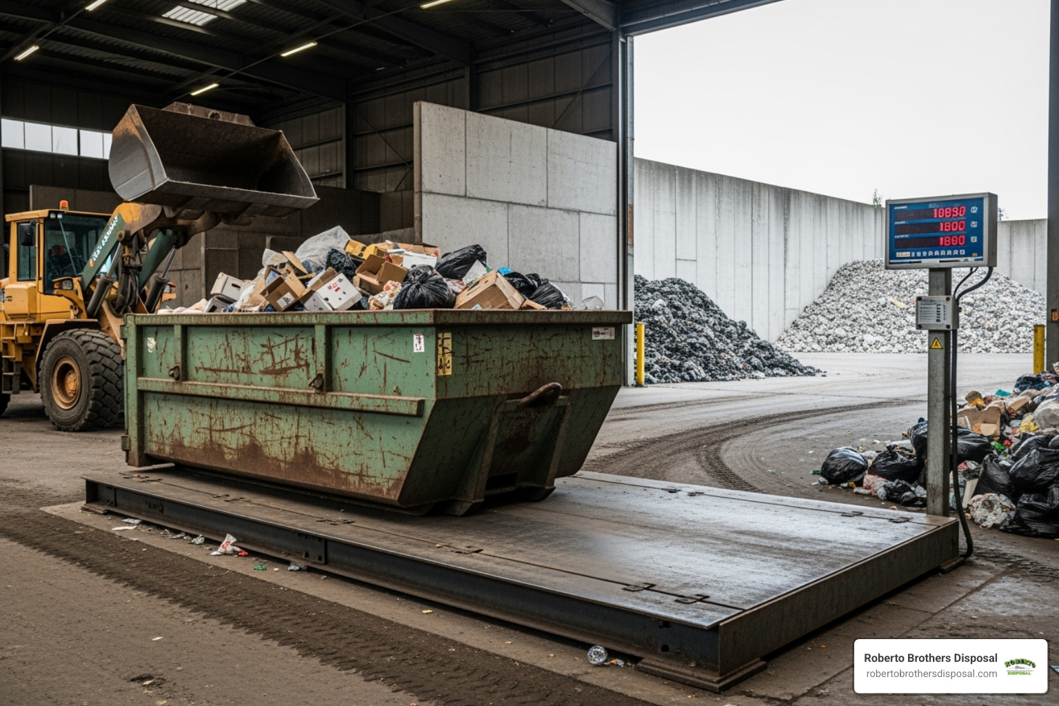 a dumpster being weighed on a scale at a transfer station - cheapest dumpster rental prices near me