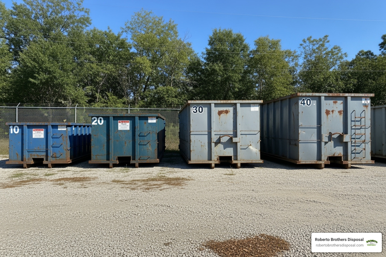 different sized dumpsters lined up for comparison - cheapest dumpster rental prices near me