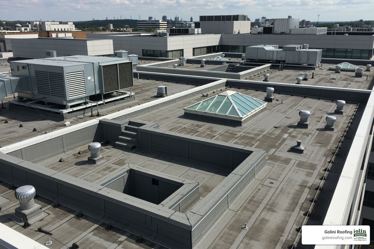 complex flat roof with multiple vents, a skylight, and varying levels - cost of flat roof replacement complex flat roof with multiple vents, a skylight, and varying levels - cost of flat roof replacement