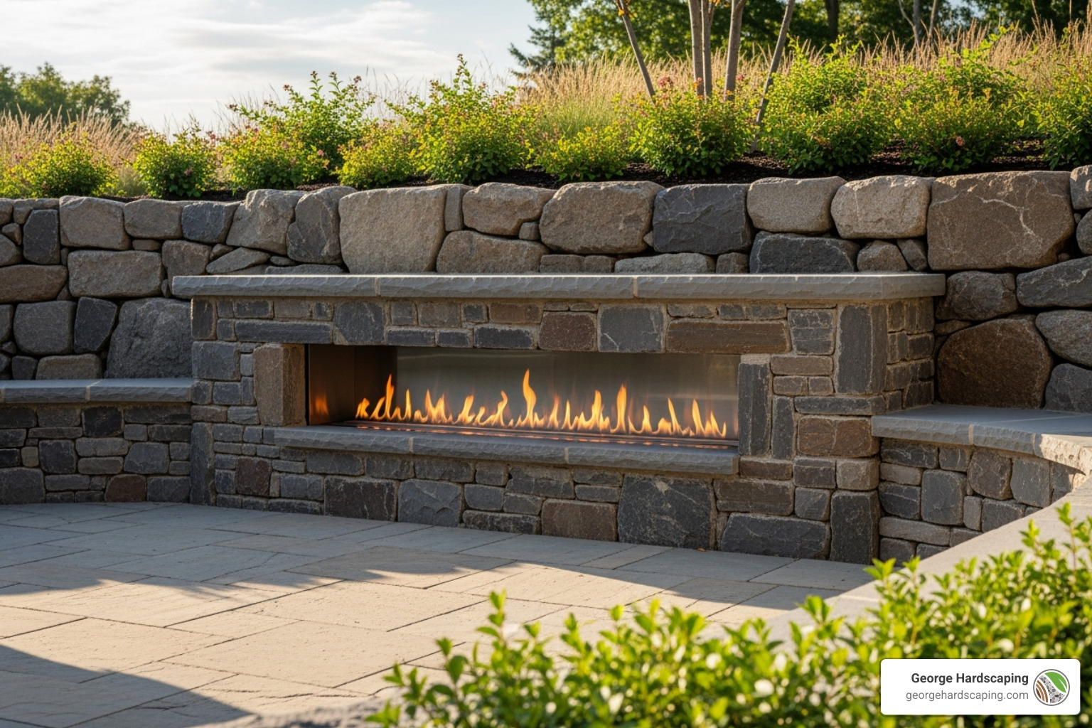 Sleek, modern linear gas fireplace built into a stone retaining wall on a patio. - gas fireplace outdoor