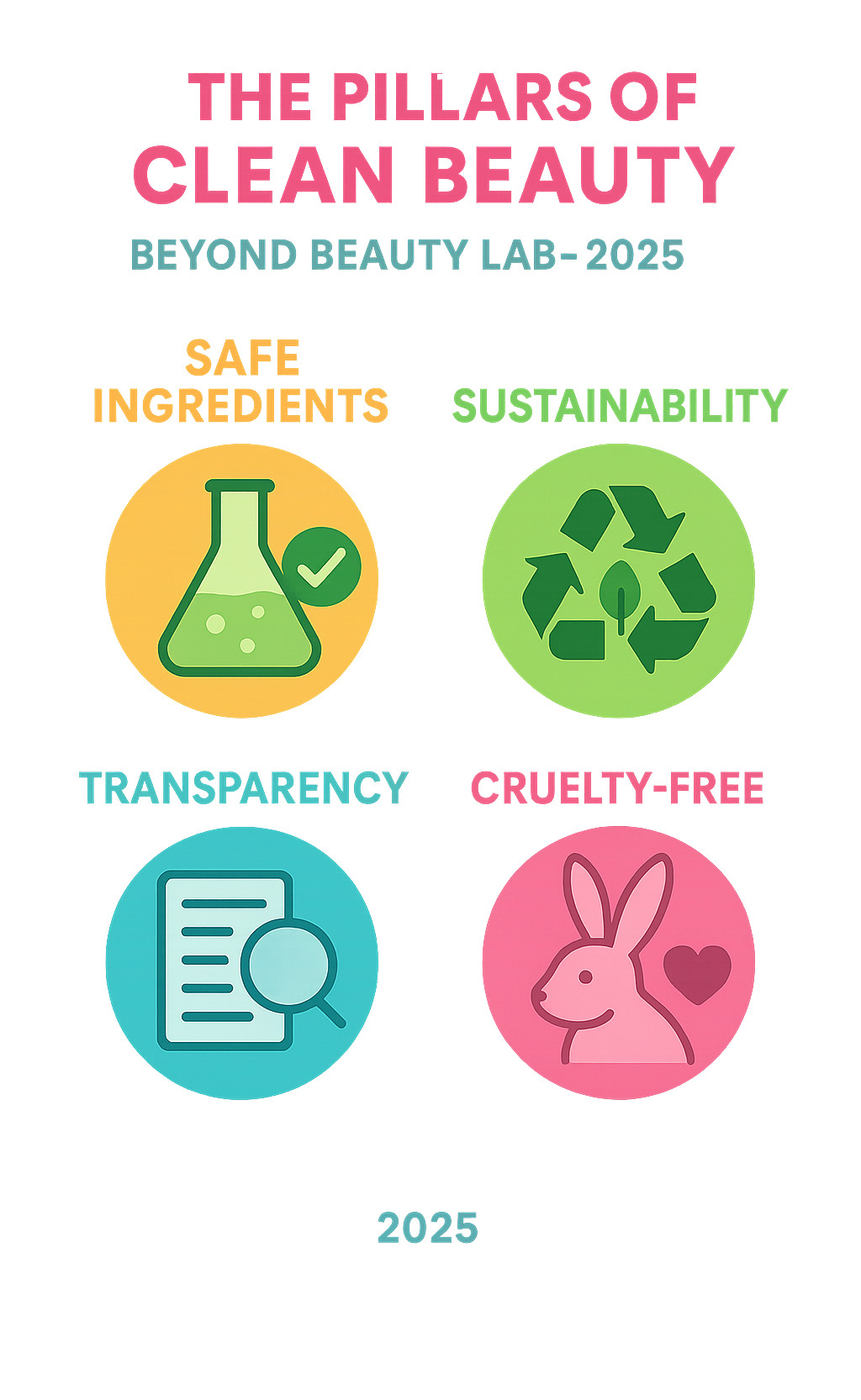The core pillars of clean beauty at Beyond Beauty Lab—safe ingredients, sustainability, transparency, and cruelty-free practices. - clean beauty product reviews infographic 