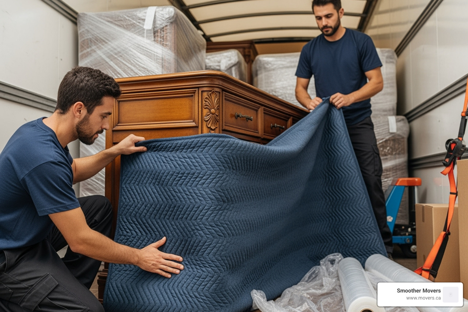 movers carefully wrapping a piece of furniture - bc movers vancouver