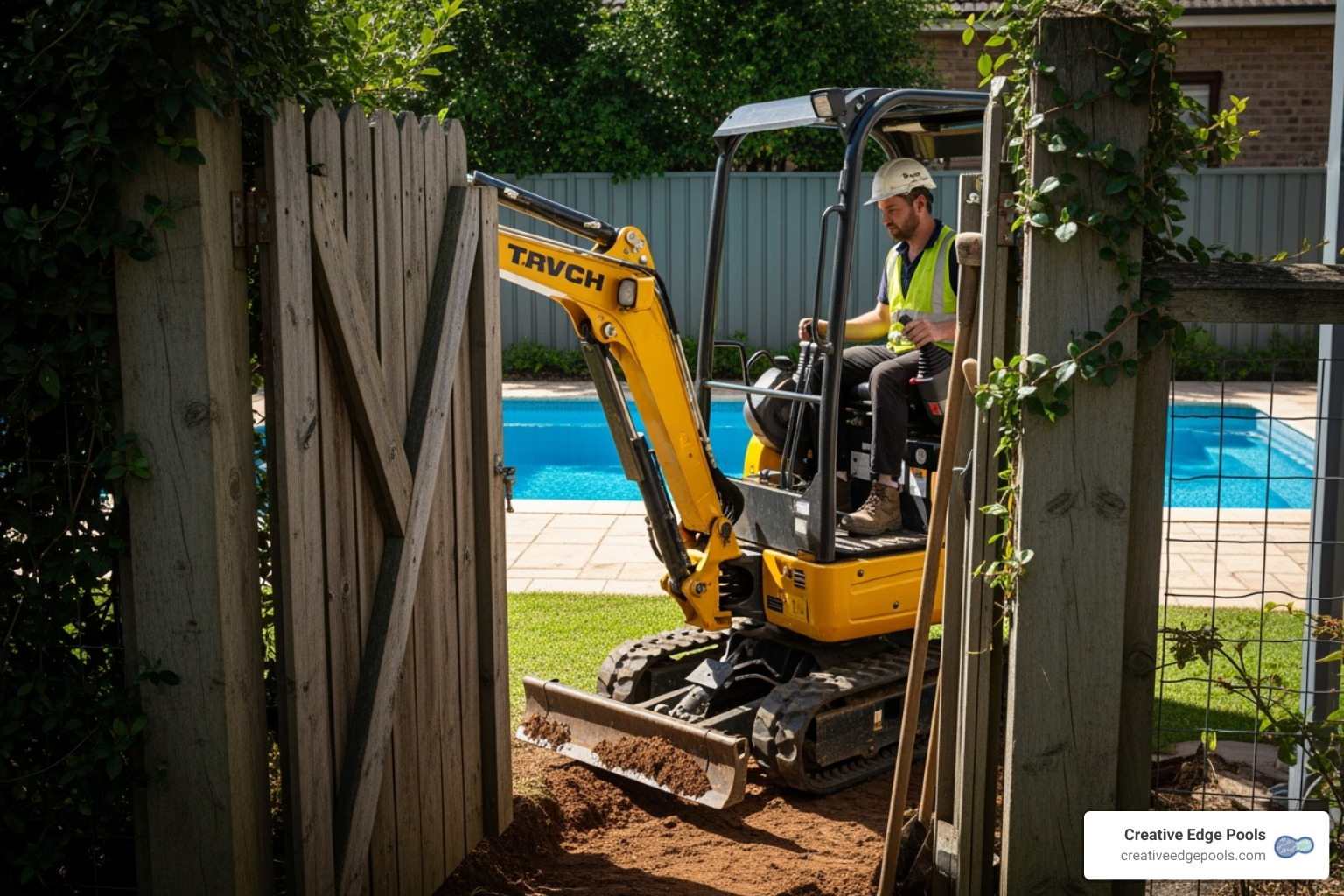 heavy equipment navigating a tight backyard space to access a pool - how much does pool demolition cost