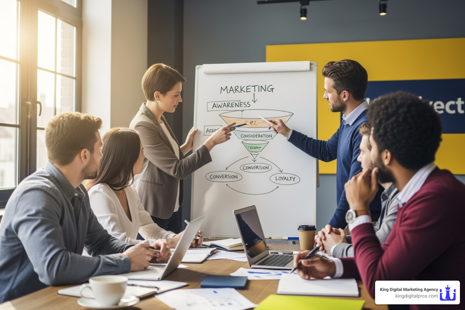 team collaborating around a whiteboard with marketing funnels drawn on it - digital marketing agency for small businesses