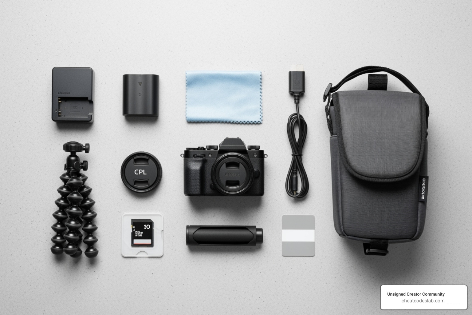 a flat-lay of essential accessories - beginner camera gear