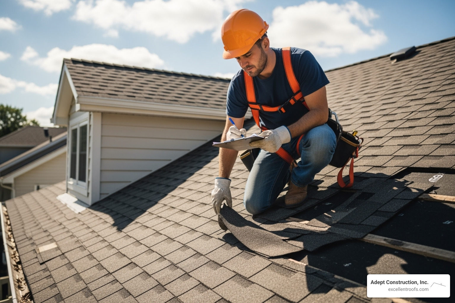 a professional roofer assessing roof damage with a clipboard - emergency roofers near me