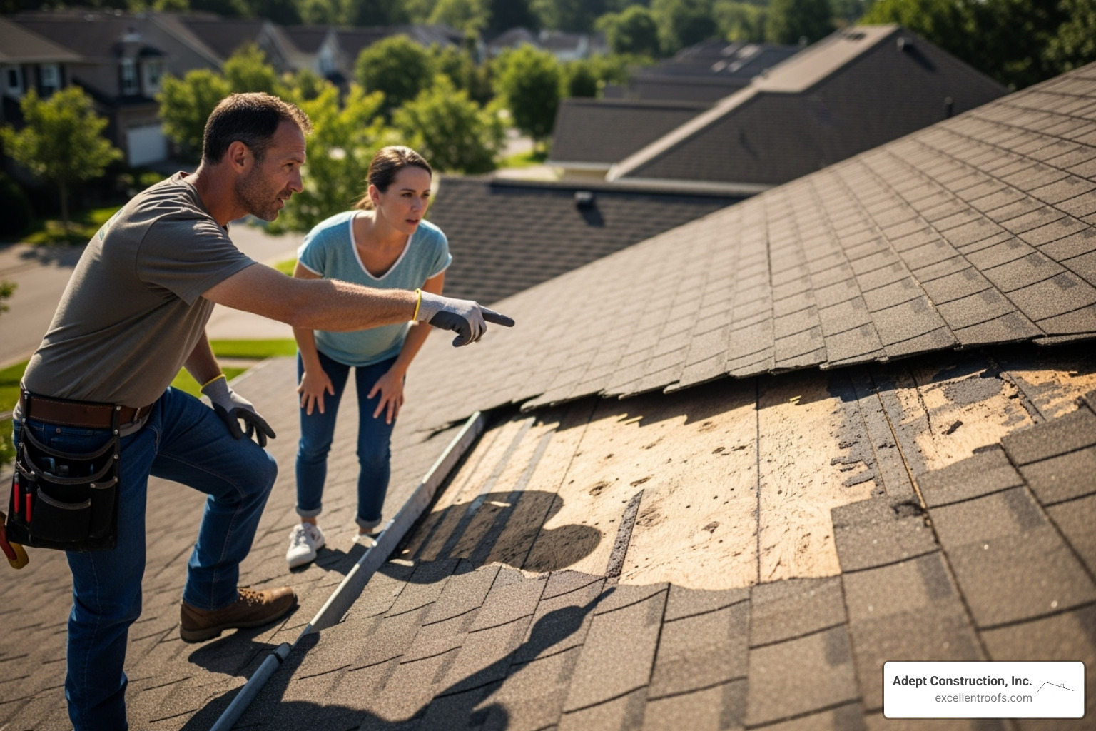 a professional roofer showing a homeowner the damage on their roof - emergency roofers near me