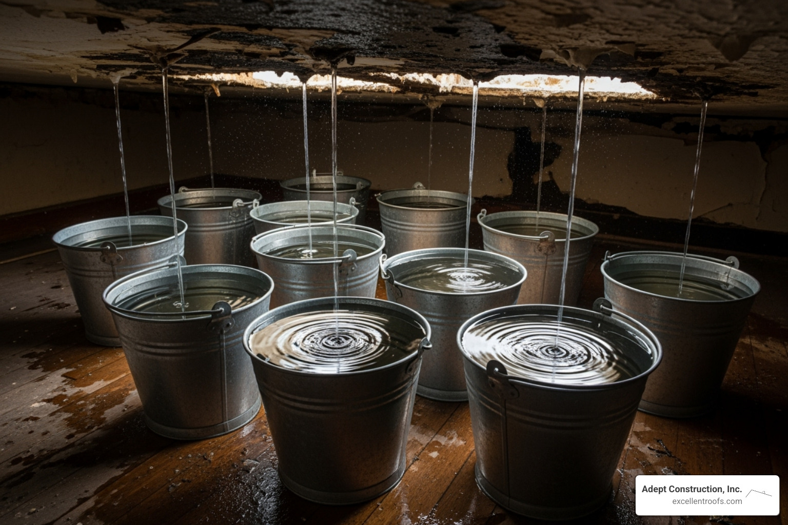 buckets catching water inside a home - emergency roofers near me