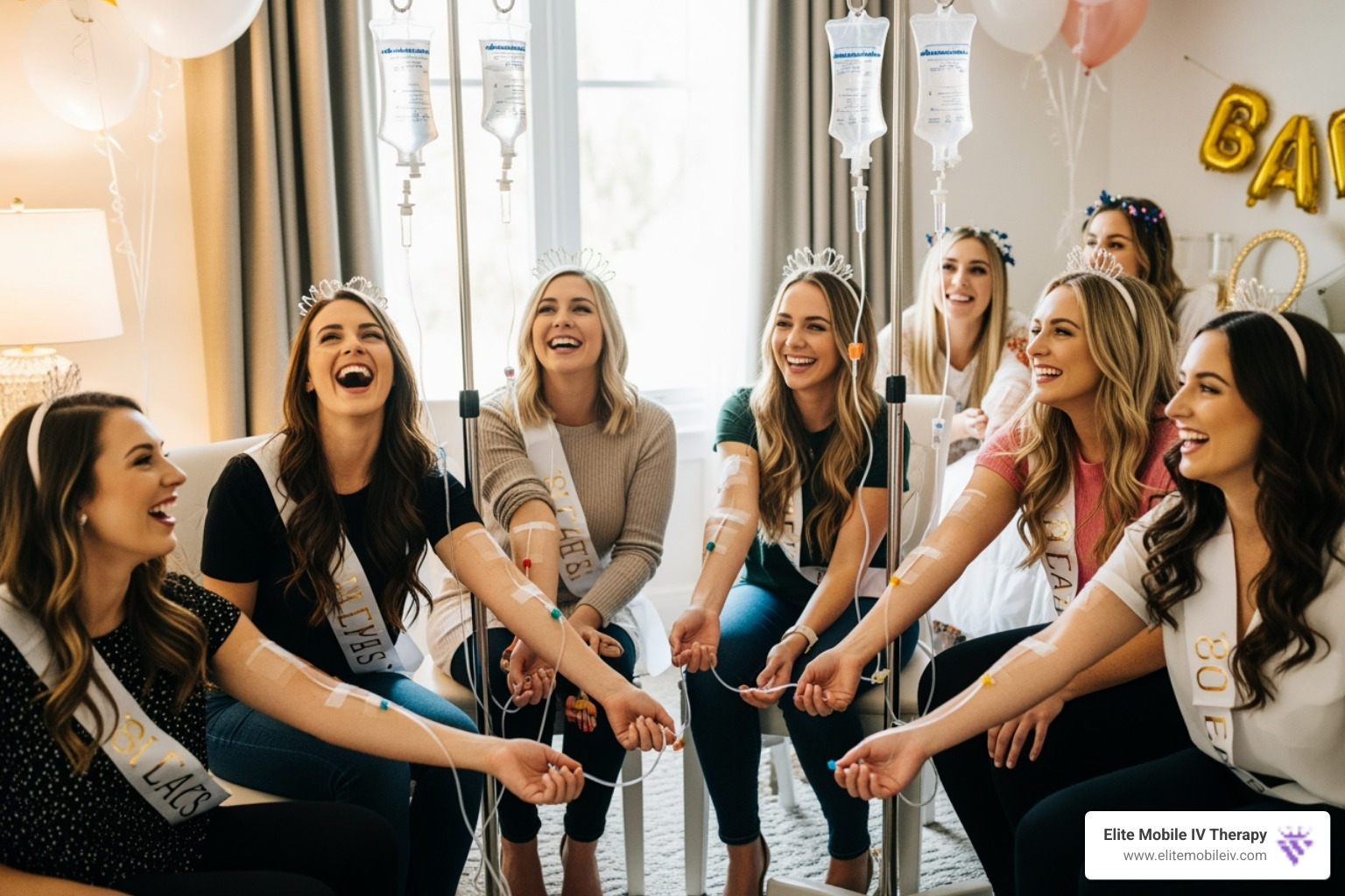 A group of friends enjoying mobile IV therapy at a bachelorette party, laughing and relaxing - mobile iv therapy Greenville