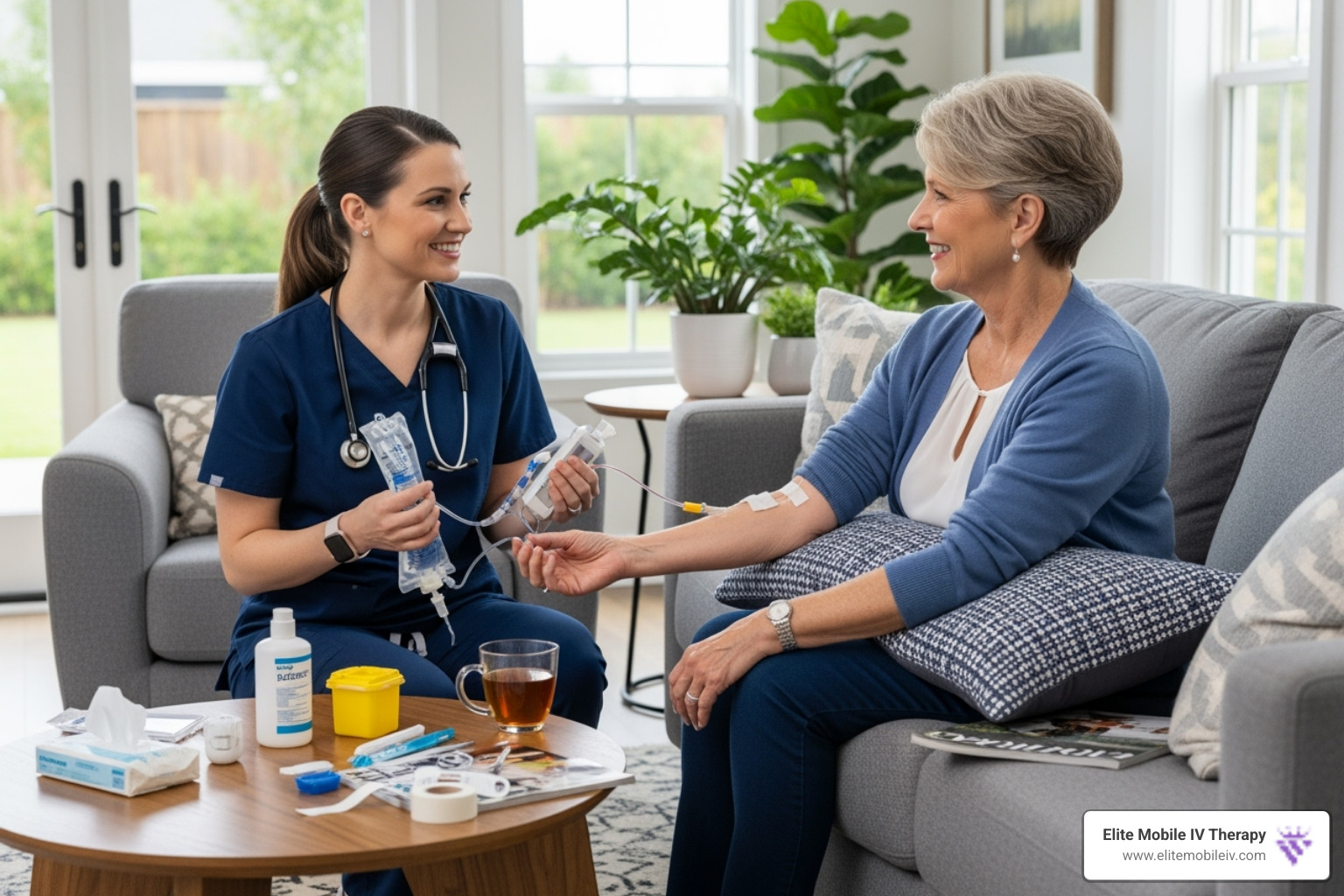 A nurse talking with a client before starting an IV drip in a comfortable home setting - mobile iv therapy Greenville