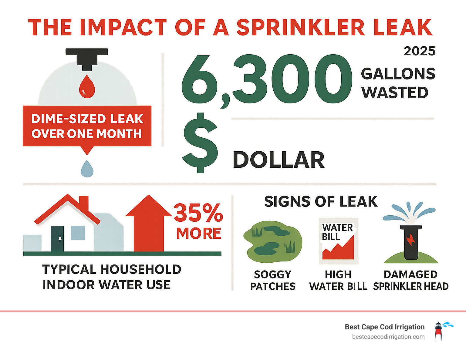 Comprehensive infographic showing the financial and environmental impact of a dime-sized sprinkler leak over one month, including 6,300 gallons wasted, equivalent cost in dollars, comparison to average household indoor water usage, and visual representation of common leak signs like soggy patches, high water bills, and damaged sprinkler heads - Sprinkler system leak detection infographic 