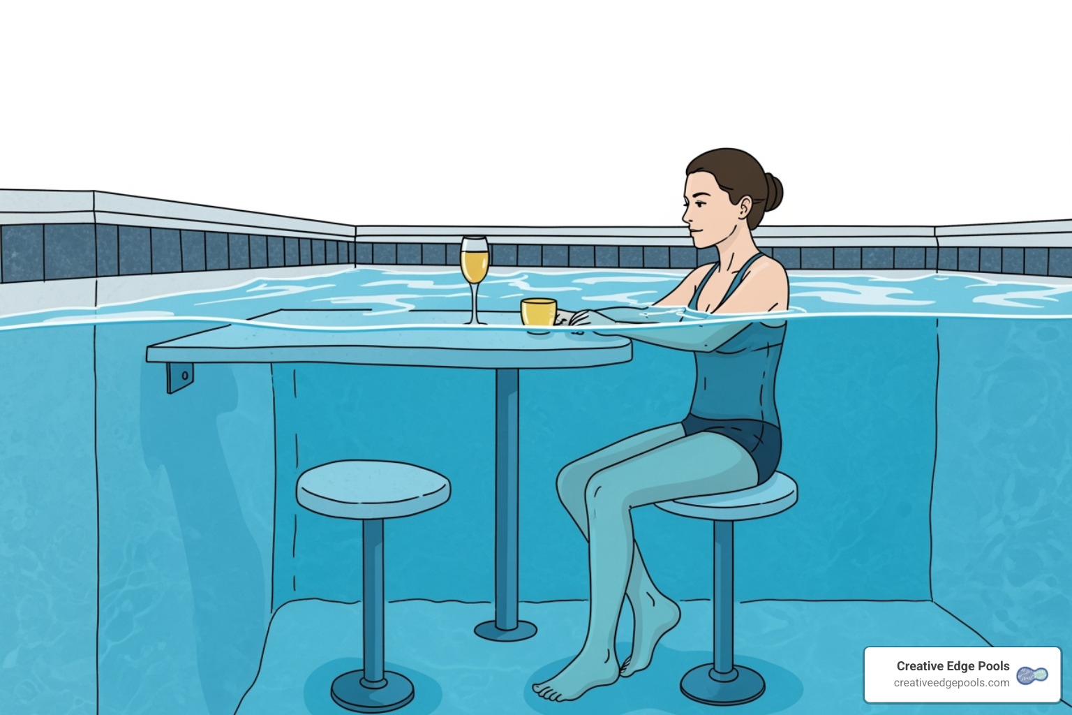 diagram illustrating the ideal water depth relative to stool and table height for comfortable in-pool seating. - in water table and bar stools